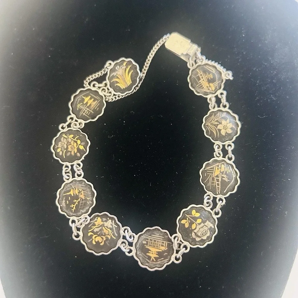 Vintage Japanese Damascene KOMAI Bracelet‎ Linked Gold & Silver Inlays 10 Scenes